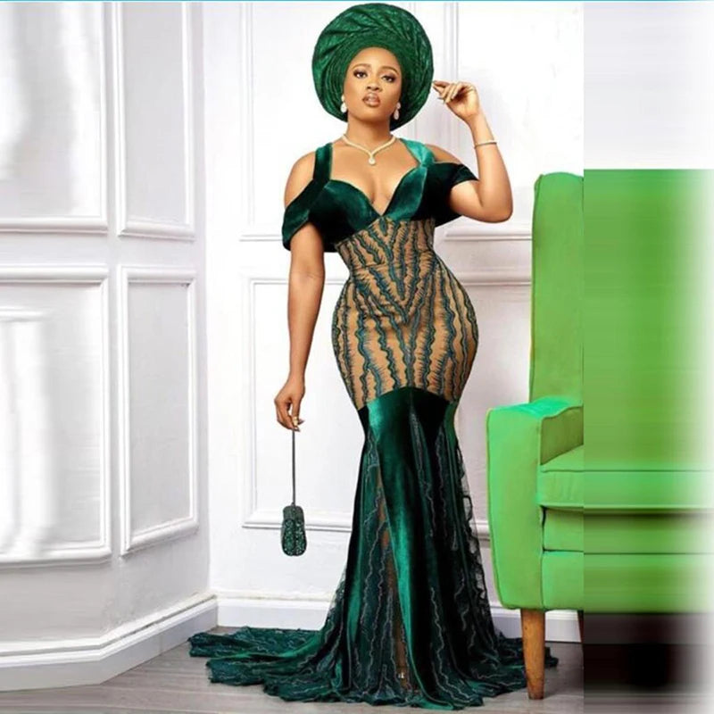 Zjkrl  -  Dark Green Lace Mermaid Prom Dresses Style Off The Shoulder Plus Size Evening Gowns African Women Formal Party Dress Tunics Sale discount