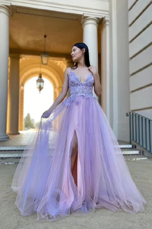 Tulle Appliques Lilac V-Neck Split Charming Party Dress A-Line Prom Dresses Tunics Lace romantic