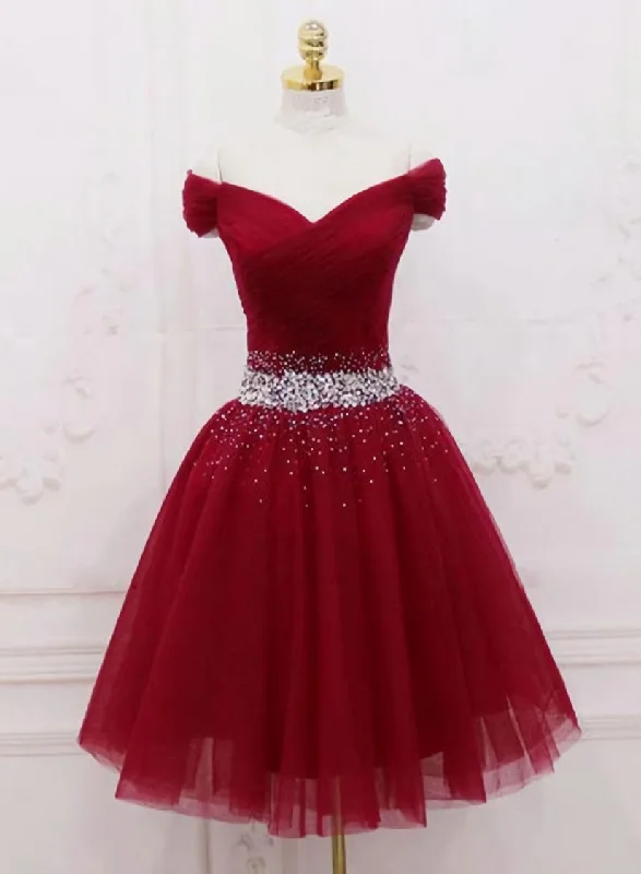 Adorable Dark Red Homecoming Dress , Tulle Off the Shoulder Party Dress A-Line Day Work