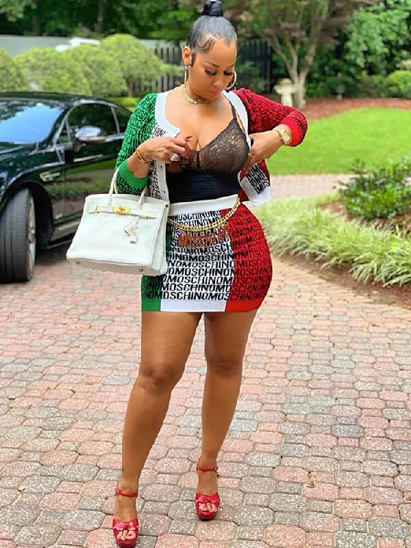 Long Sleeve Color Block Letter Print Skirt Suit wool skirt thick