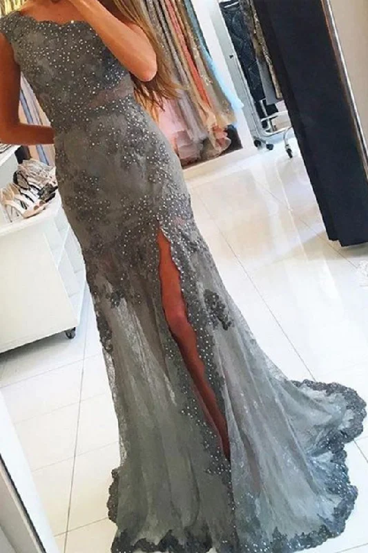 Fashion One Shoulder Grey Lace Beaded Long Mermaid Prom Dresses Formal Evening Party Dress Halter Neckline Beach