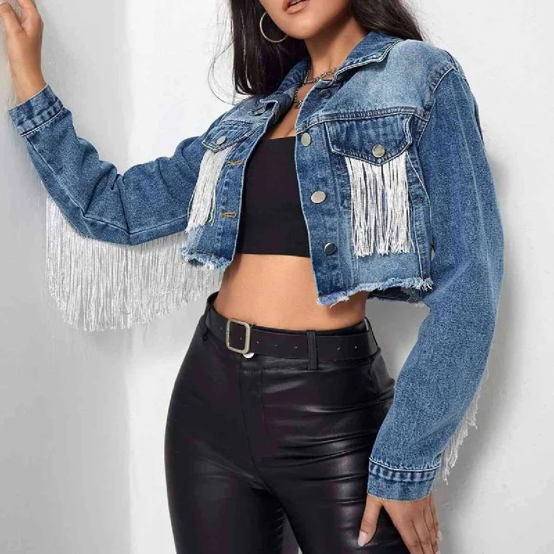 Fringe Detail Long Sleeve Cropped Denim Jacket Zip Front Button Front Snap Front