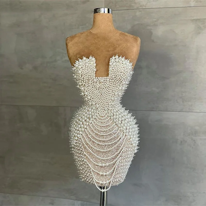 Luxury Pearls Tassels Strapless Cocktail Party Dress RM029 Tunics Versatile stylish