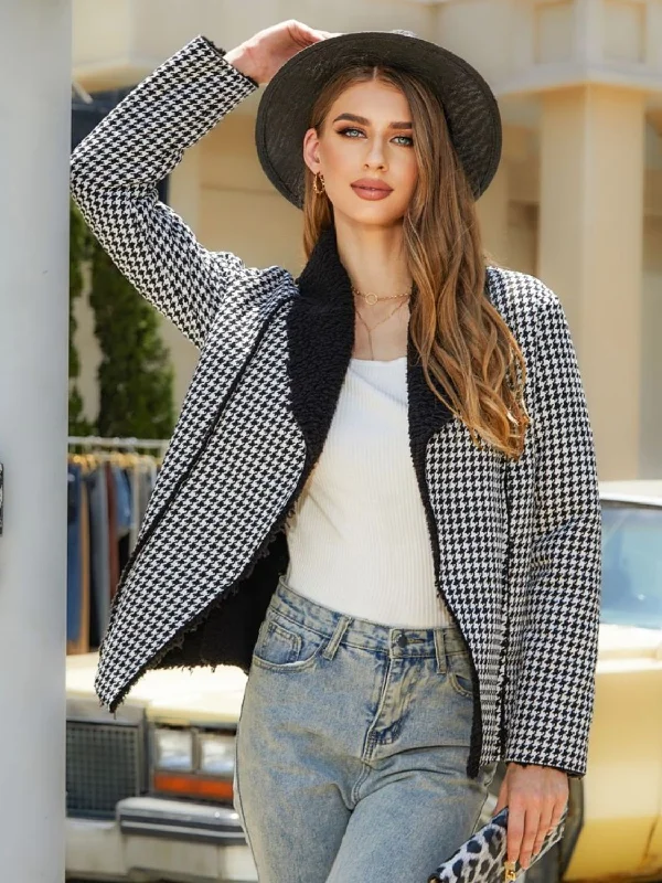 Houndstooth Open Front Long Sleeve Jacket Faux Fur Fabric Real Fur Fabric Shearling Fabric