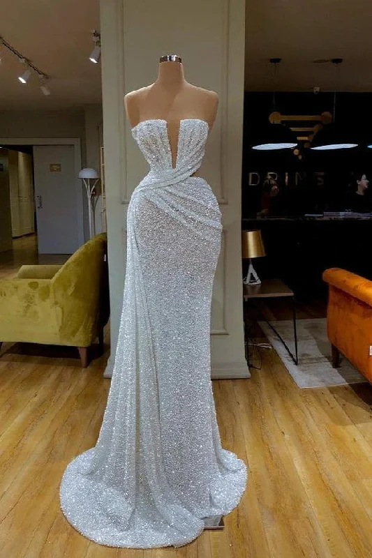 A-Line Party Dress Sparkling Gorgeous White Sequins Strapless Prom Dress Online Cowl Neckline Elegant