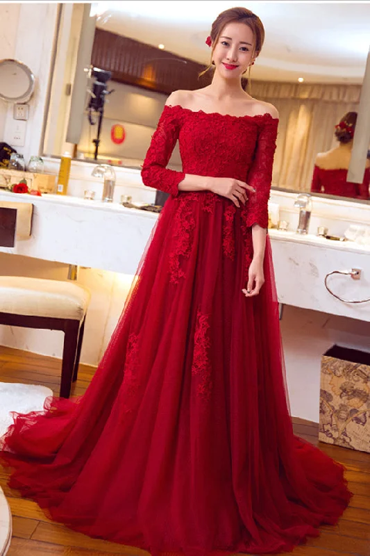 A Line Red Lace 3/4 Long Sleeves Sexy Prom Dress Evening Gowns Party Dress sweetheart Neckline Romantic