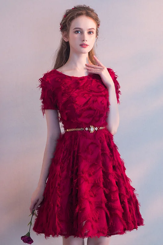 Red Short Sleeves Scoop Neck Tea-length Party Dress with Featherss Prom Dress Homecoming Dresses Tunics Winter warm