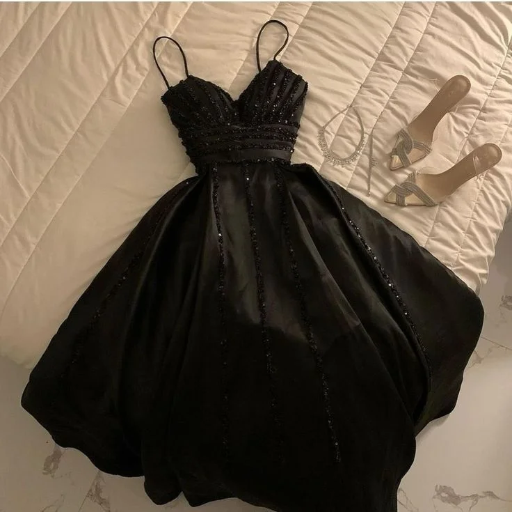 Black Straps Sequins A-Line Long Formal Party Dress Evening Gown, DP3485 Square Neckline Feminine