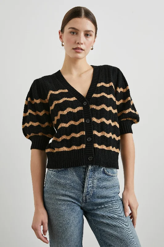 ISLA CARDIGAN - BLACK CAMEL STRIPE Zippered Front Buttoned Front Snap Front