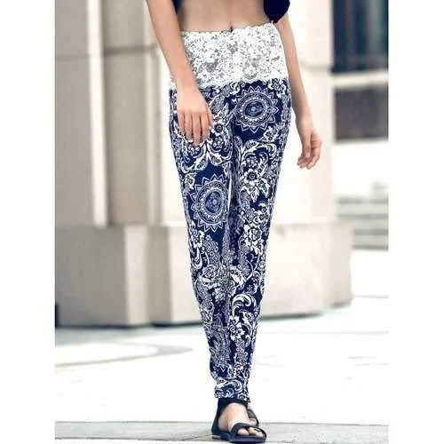 Stylish Skinny Ethnic Print Lace Spliced Women's Pants - Black M Chic Wool Trousers