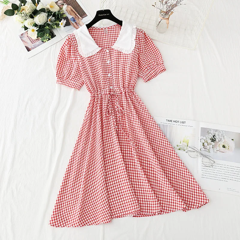 French doll neck age reducing plaid skirt  4243 denim skirt casual