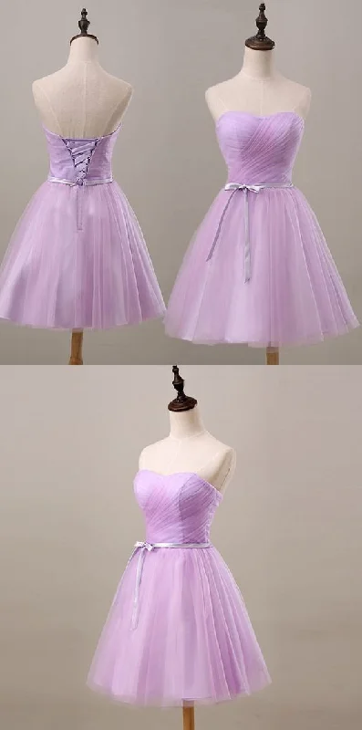 Lavender Homecoming Dress, Sweetheart Short Prom Party Dress, Ruched With Sash Bridesmaid Dress Tunics Plaid country