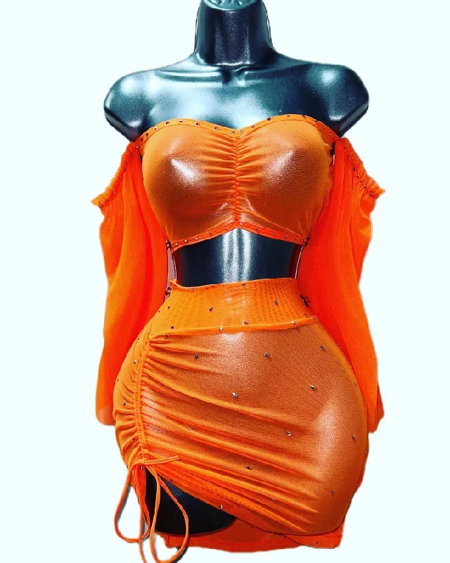 ORANGE SKIRT SET button skirt front