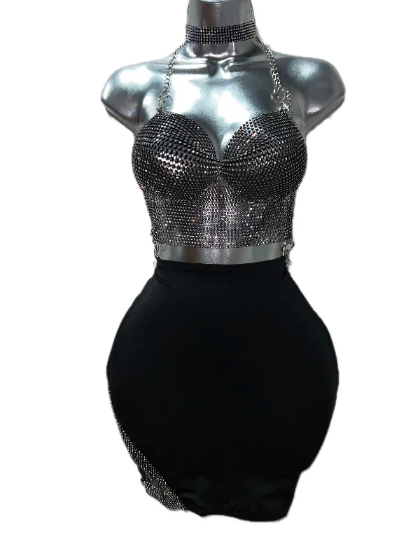 BLACK RHINESTONE TOO WITH SKIRT midi skirt versatile