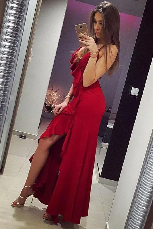 Mermaid Spaghetti Straps Red Satin Prom Dresses with Ruffles Long Party Dress Tunics Ceremony elegant
