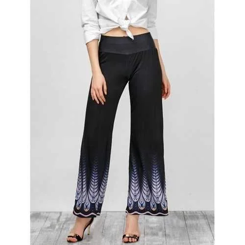 High Rise Printed Wide Leg Pants - Black L Relaxed Fit Trousers