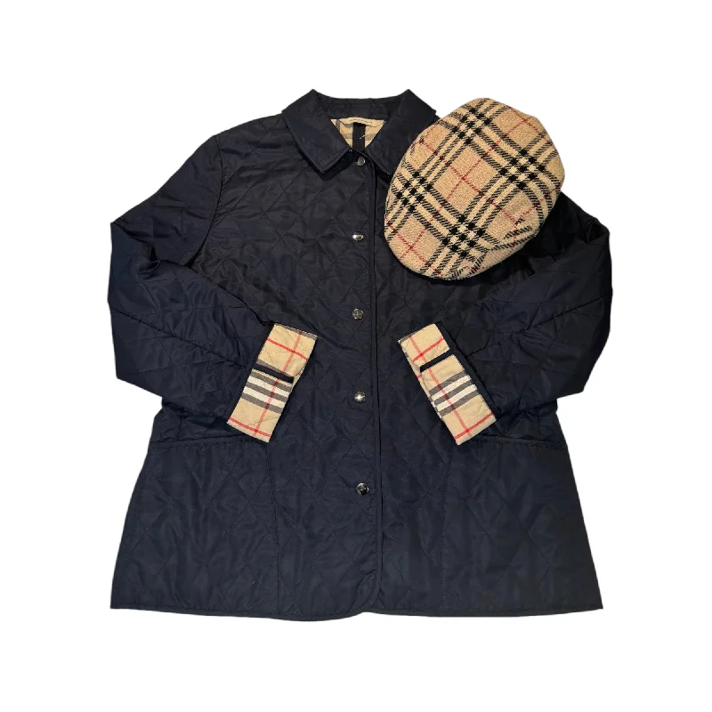 BURBERRY London Navy Blue Quilted Check Lined Jacket Nylon Fabric Polyester Fabric Spandex Fabric