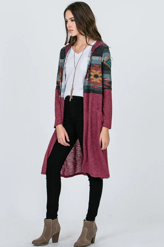 Aztec Cardigan - Burgundy Anti-Pilling Anti-Shrink Durable