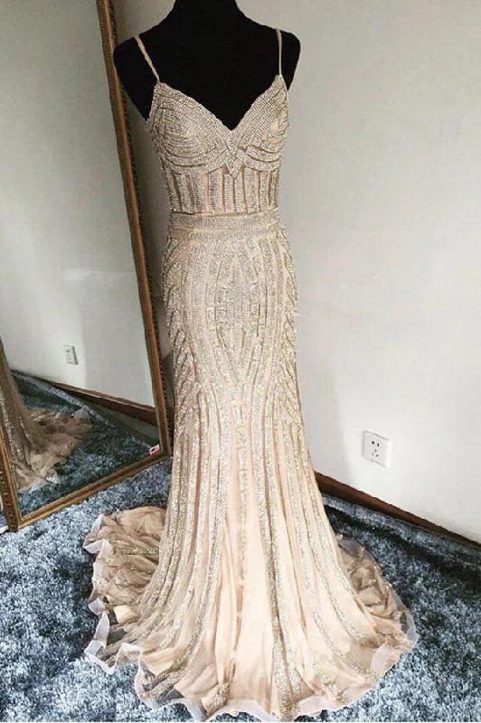 Luxurious Mermaid Spaghetti Straps V-Neck Sparkly Open Back Prom Dress Party Dress Tunics Fall fleece