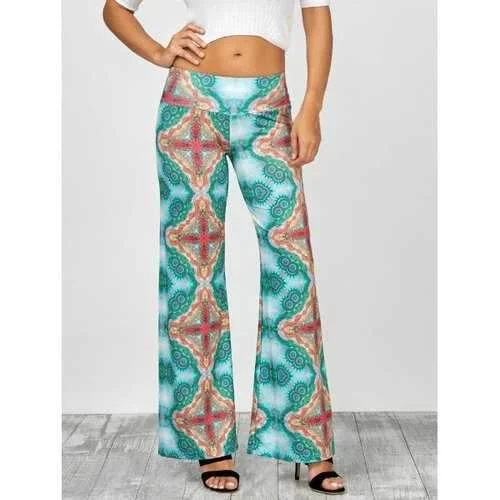 Cross Print Long Wide Leg Palazzo Pants - Green S Soft Stretch Pants