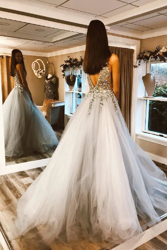 Elegant A Line Grey Long Prom Dress with Silver Appliques Tulle V Neck Party Dresses Chiffon Maxi Beach