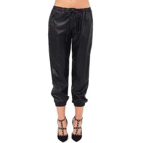 Fashionable Solid Color PU Leather Tie-Up Pants For Women - Black Xl Formal Linen Trousers
