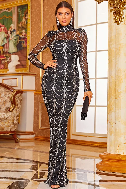 Black Sheath Long Prom Dresses With Sleeves Pretty Party Dress Satin Halter Glamorous