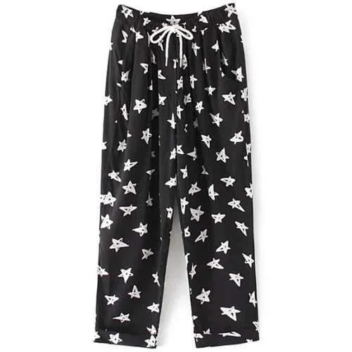 Trendy Pentagram Print Drawstring Pants For Women - Black S Elegant Palazzo Trousers