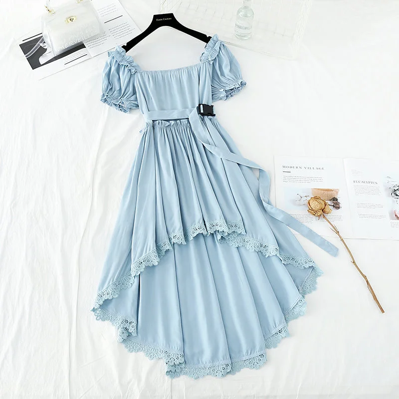 Narrow waist, thin bubble sleeve temperament, sweet white irregular skirt  4194 wool skirt sturdy