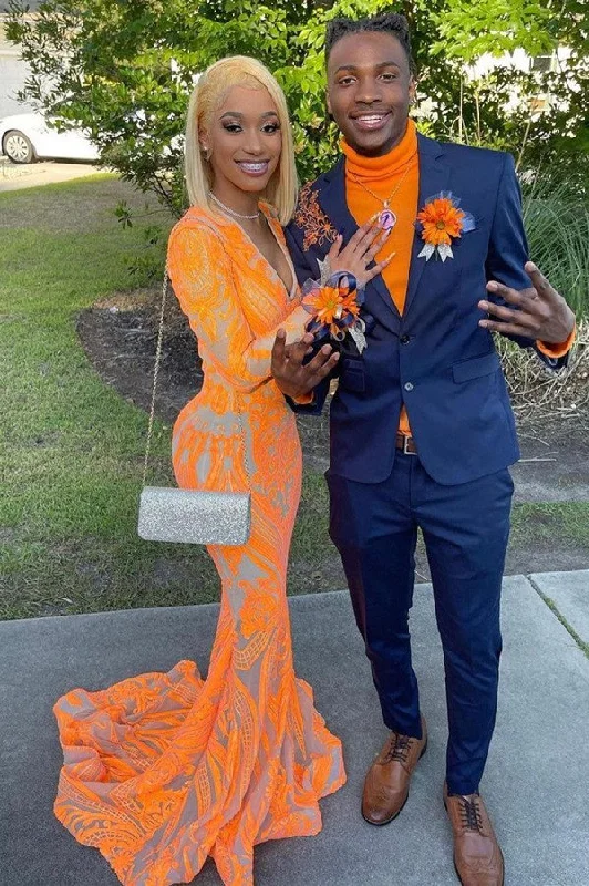V-Neck Fashion Party Dress Long Sleeves Orange Prom Dress Mermaid Tunics Floral girly