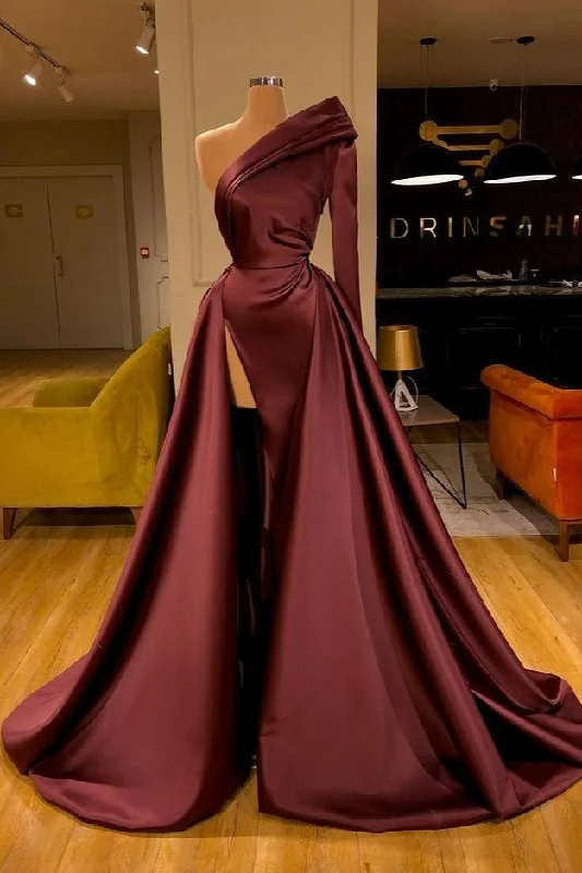 A-Line Long Sleeves One Shoulder Burgundy Party Dress Prom Dress Split Overskirt Tunics Polka dots