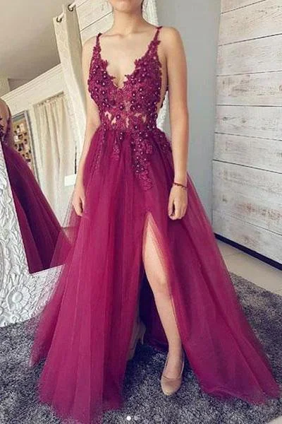 A line Burgundy V Neck Straps Tulle Prom Dresses Beads Lace Appliques Party Dresses Tunics Designer luxury
