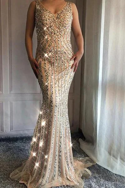 V Neck Long Mermaid Rhinestone Beaded Luxury Prom Dresses Backless Party Dresses Pleated Skirt Elegant