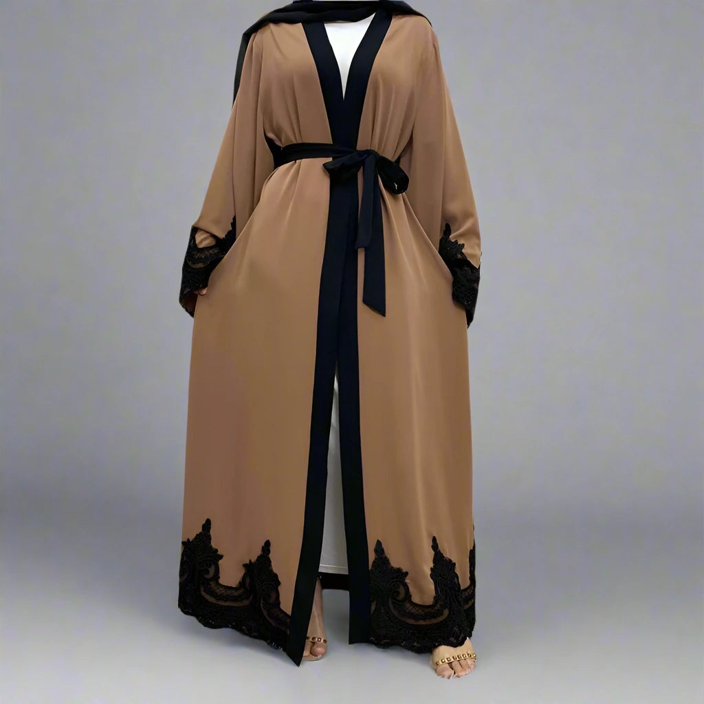 Muslim Women Fashion Ramadan Cardigan Maxi Robe Open Abaya Dress Chenille Fabric Brocade Fabric Lace Fabric