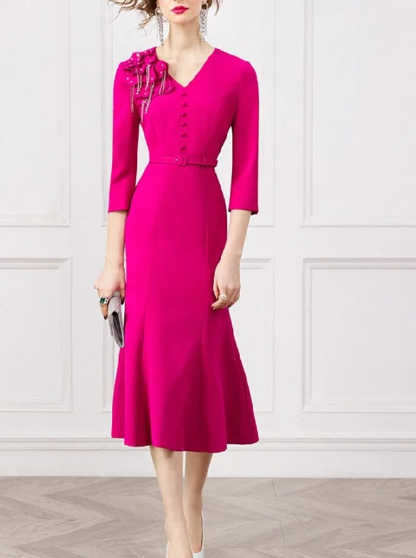 Zjkrl Spring Fashion 3D Floral Beading Mermaid Party Dresses for Women 2023 Designer Elegant V Neck Midi Evening Vestidos Ladies Tunics Fashionable trendy
