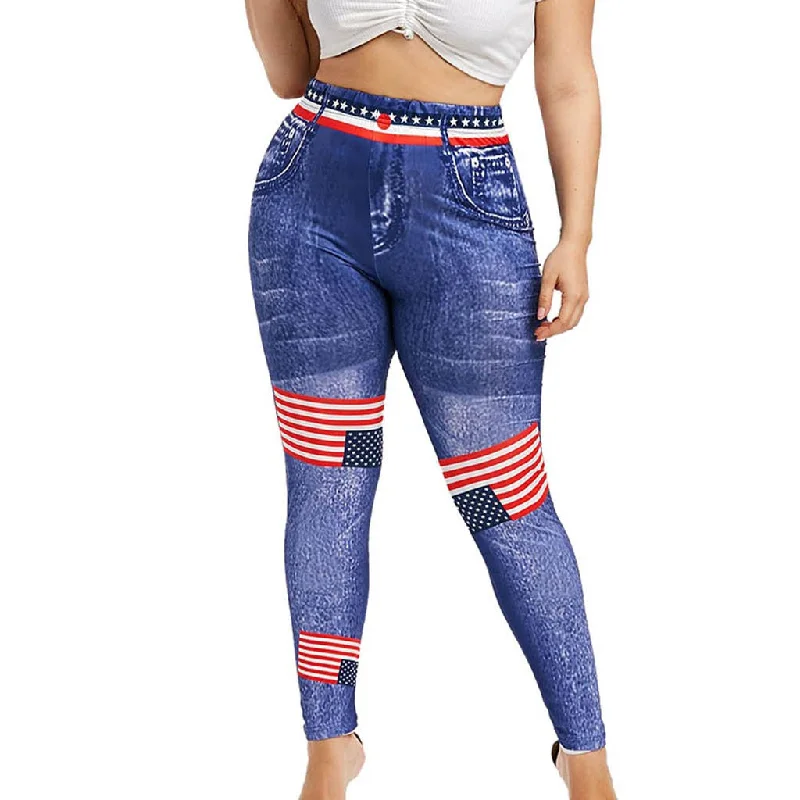 American Flag Print High Waist Elastic Waist 3D Plus Size Skinny Pants Trendy Velvet Pants