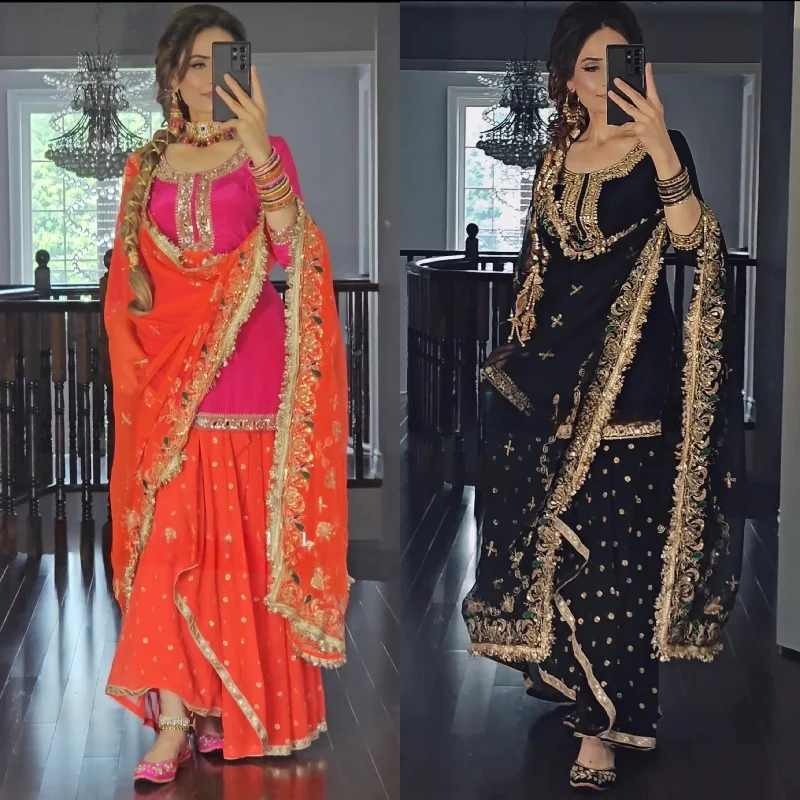 Two Colour Launching New Designer Party Wear Look Top Dhoti Skirt and Dupatta Set chiffon skirt airy