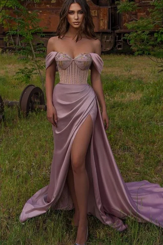 Party Dress Off-the-Shoulder Beadings Sweetheart Mermaid Prom Dress Split Turtleneck Neckline Stylish