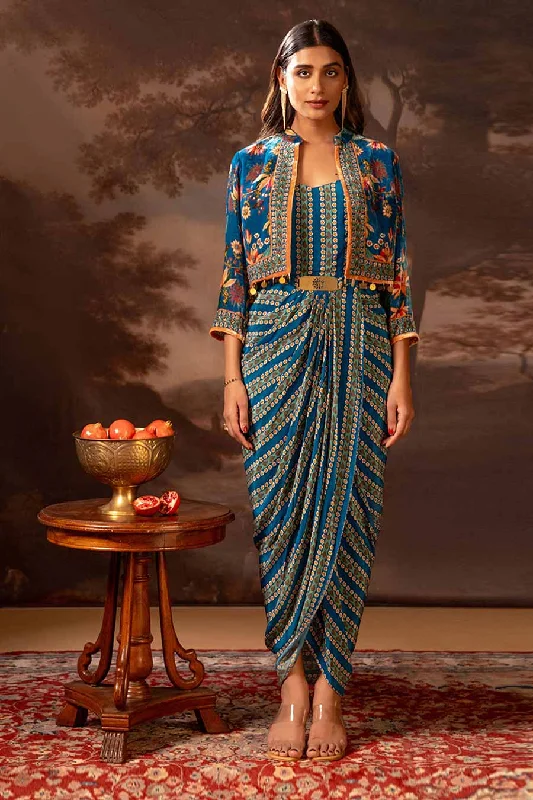 Blue Aarani Embellished Draped Dress & Jacket Set Hoodie Zip-Up Jacket Button-Up Jacket Blue Aarani Embellished Draped Dress & Jacket Set Hoodie Zip-Up Jacket Button-Up Jacket
