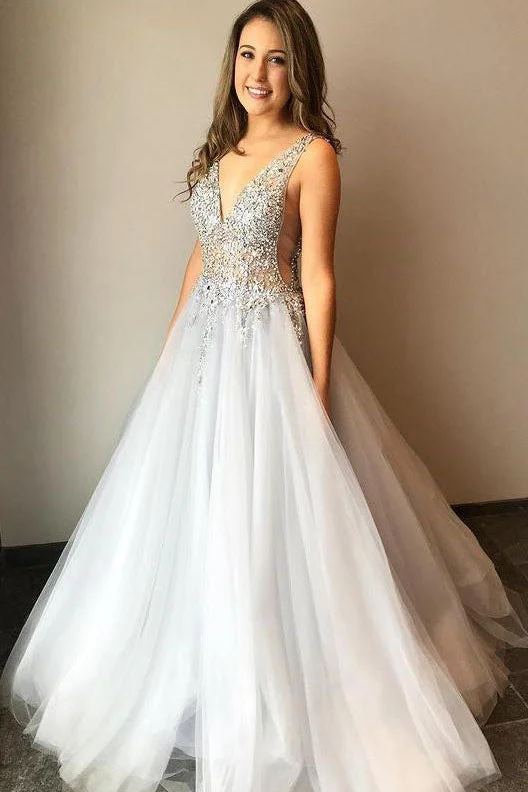 A Line Formal Party Dress Gray V-neck Beaded Tulle  Long Prom Dresses Tunics Leisure comfortable