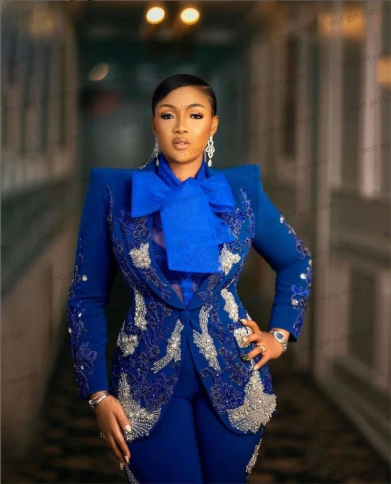 Luxury Blue Women Suit Set Blazer+Pants 2 Pieces Formal Crystal Beads Wedding Mother Of Guest Prom Dress Custom Made Jacket Wide-Legged Palazzos