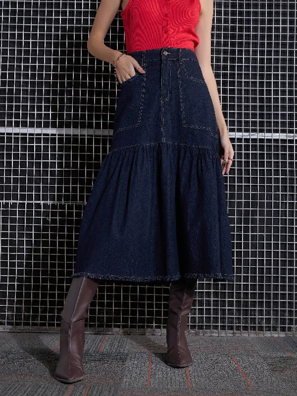 Women Navy Blast Denim Flared Midi Skirt cashmere skirt fine