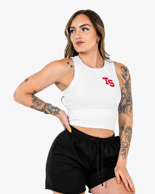 WKND Fitted Crop Tank - White w/ Red workout tank top