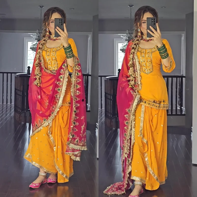 Yellow and Pink Dupatta New Designer Party Wear Look Top Dhoti Skirt and Dupatta Set relaxed fit skirt