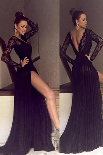 Sexy Black Lace Long Sleeves Open Back Split Prom Dress Evening Gowns Party Dress Turtleneck Warm Winter
