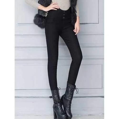 Buttoned High Waist Pencil Skinny Leg Work Pants - Black S Cozy Maternity Pants