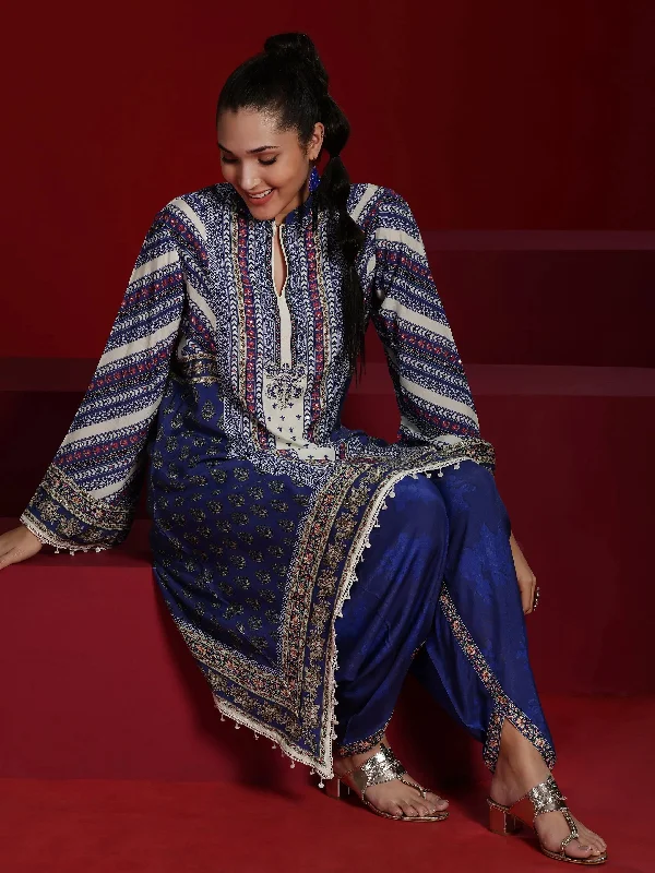Libas Art Blue Printed Silk Blend Straight Kurta With Dhoti Pants Elegant Wool Trousers
