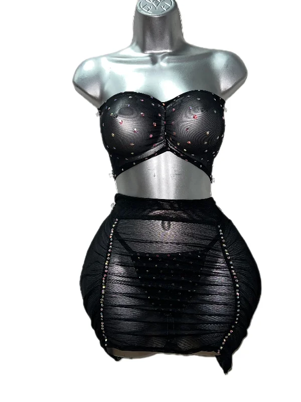 THREE PIECE RHINESTONE SKIRT SET spandex blend skirt