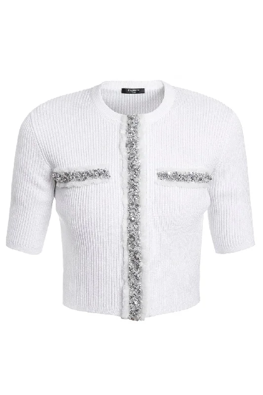 Ss Embroidered Cropped Knit Cardigan Satin Blend Silk Blend Wool Blend
