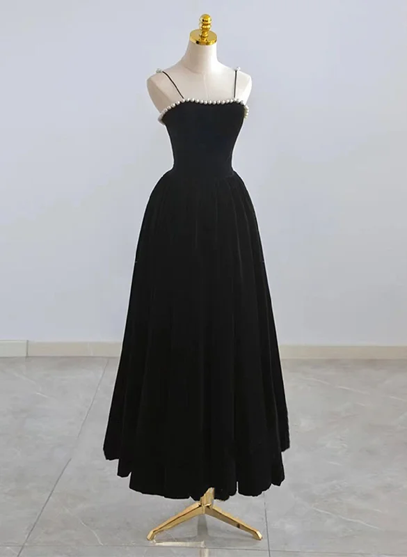 Black Velvet Straps Tea Length Party Dress, Black Velvet Homecoming Dress Tunics Practical durable
